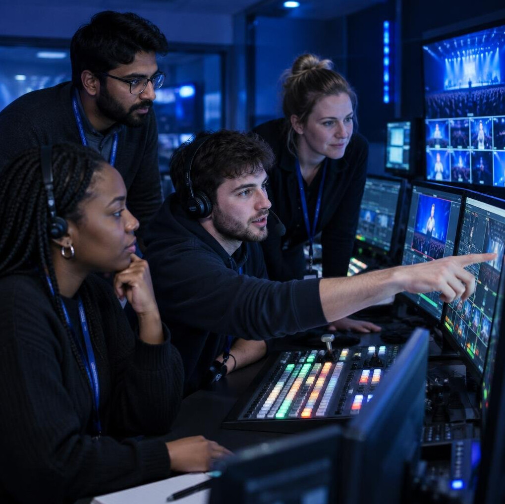 Diverse team of British broadcast trainees working together in a control room