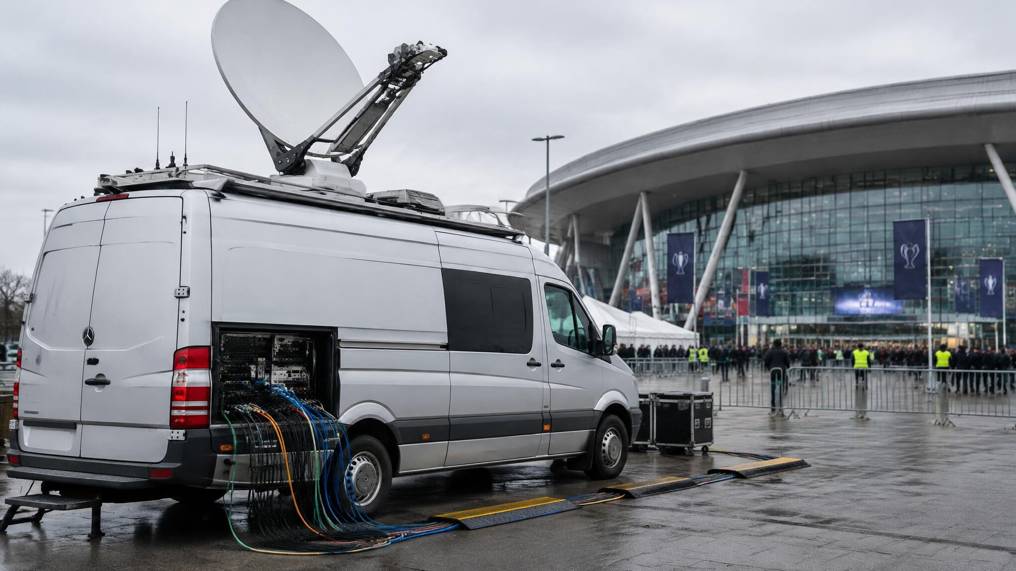 Outside broadcast van with satellite equipment parked at an event