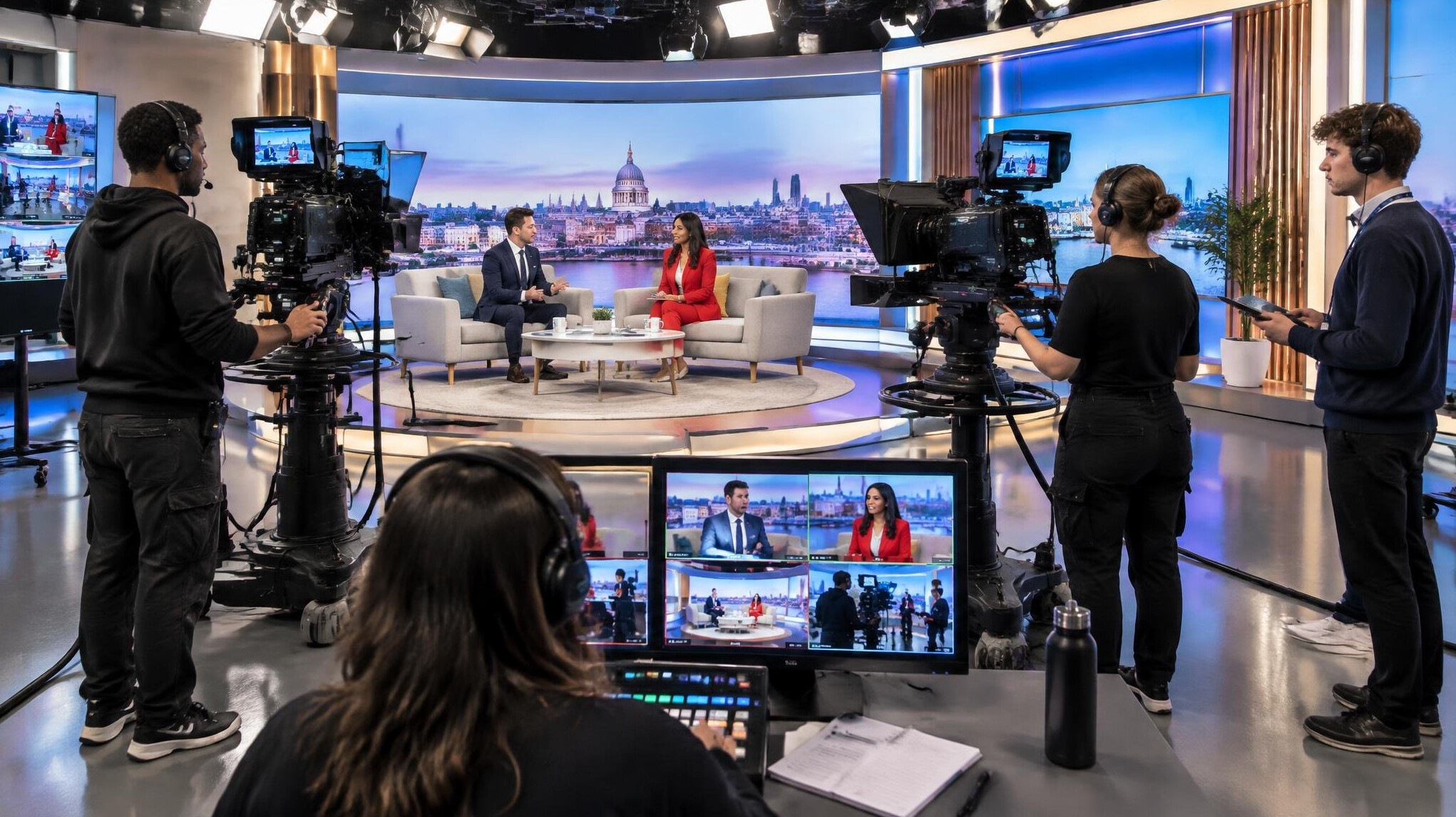 Trainees rehearsing a multi-camera live broadcast in a studio