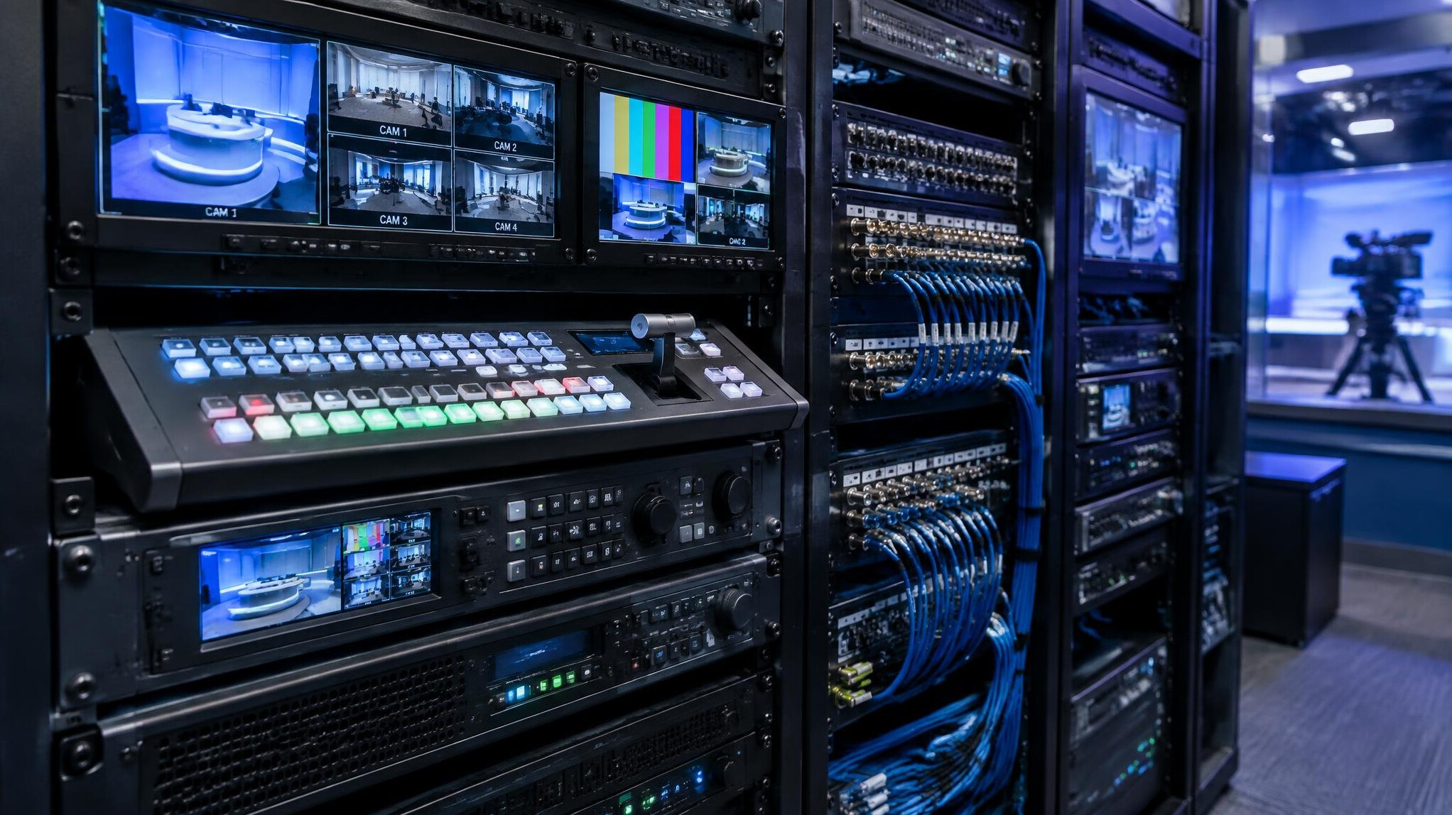 Broadcast equipment shelf with vision mixers and monitors used for training