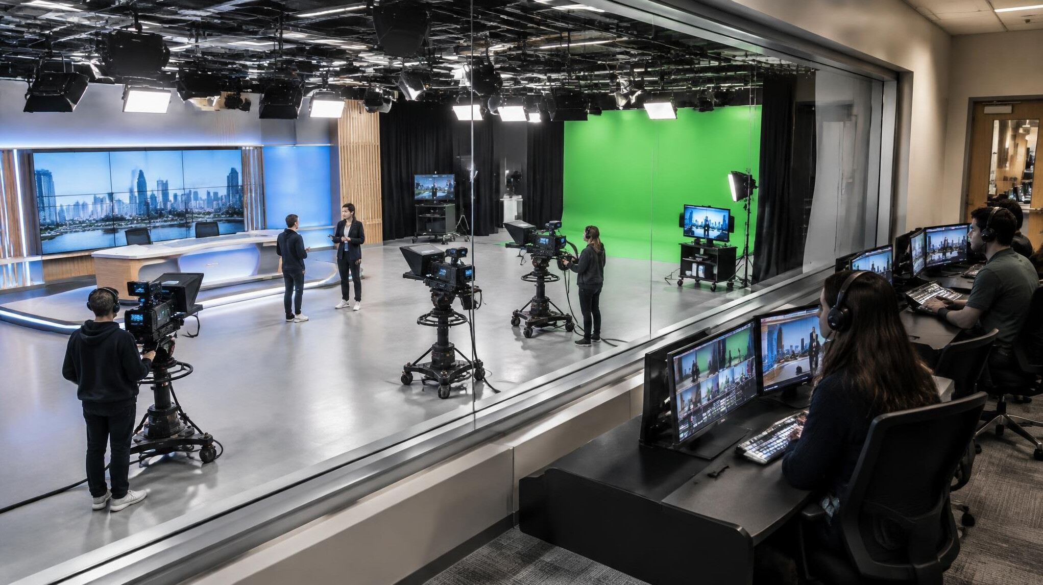 Modern television training studio with cameras and a control gallery window