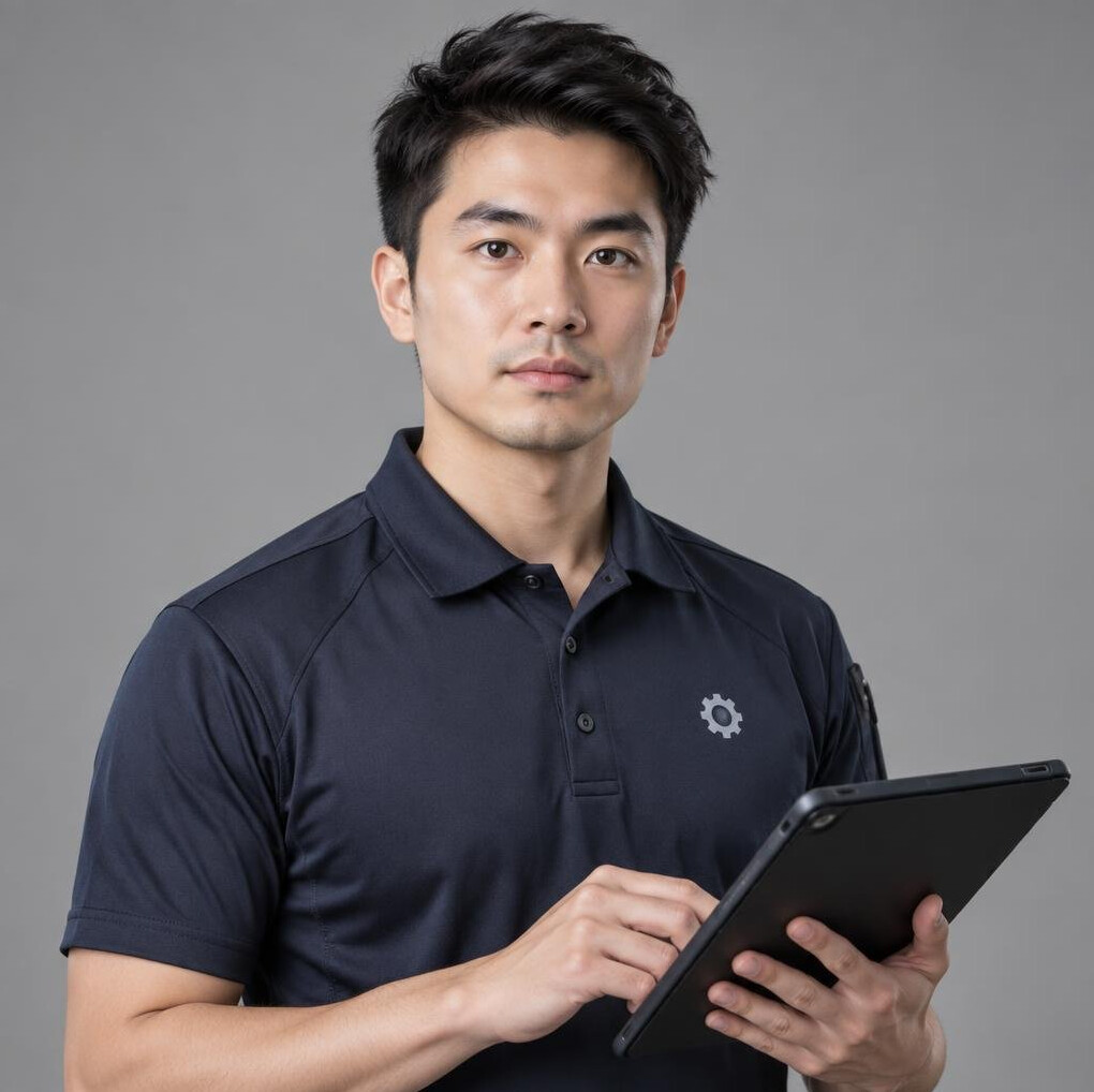 Portrait of an East Asian British man working as a broadcast engineer
