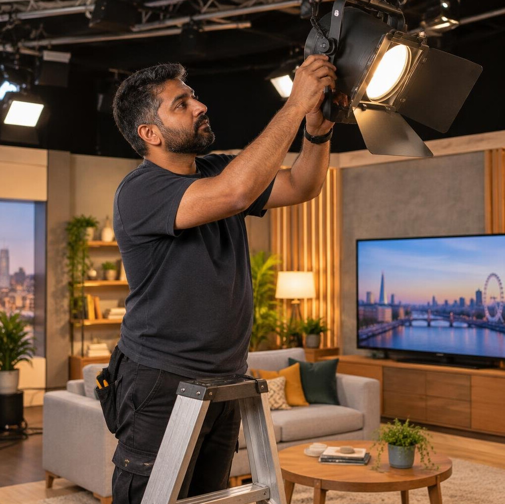 South Asian British man adjusting studio lighting rig above a TV set