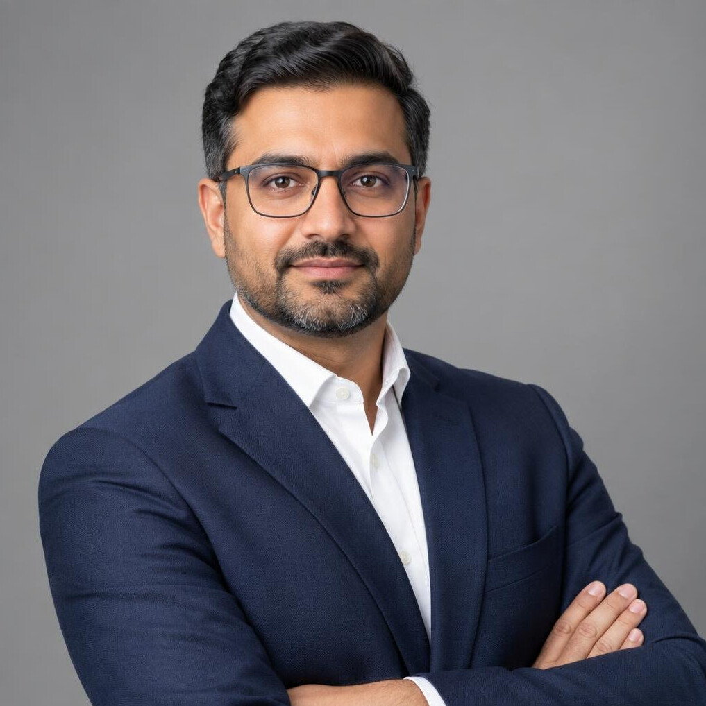 Portrait of a South Asian British man working as a live broadcast director